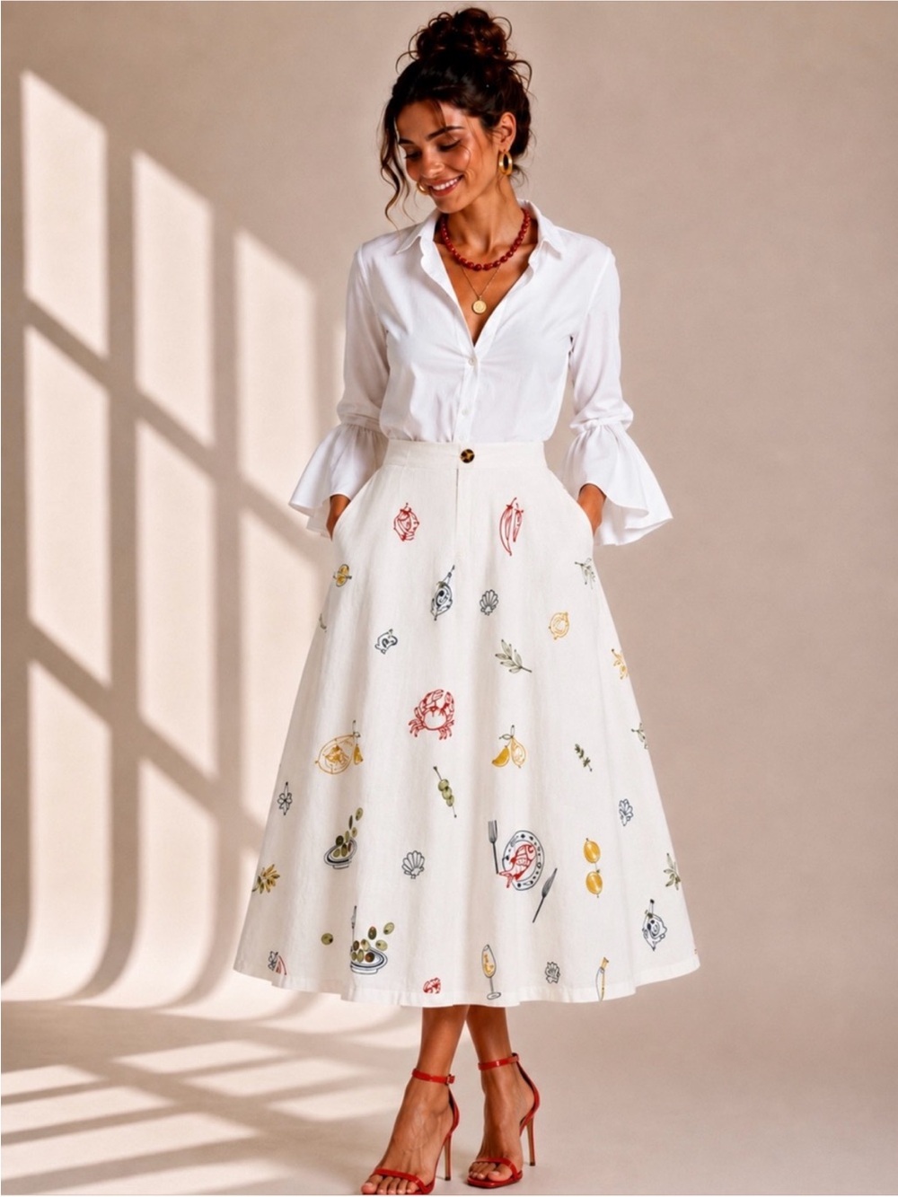 CAROLINE CONSTAS Off White/red Embroidered Linen Blend Midi Skirt